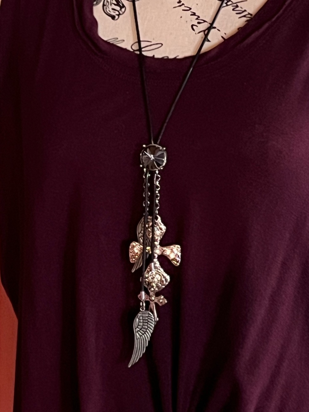 Statement Necklace Long Length Crosses Feathers Wings Bling 💎